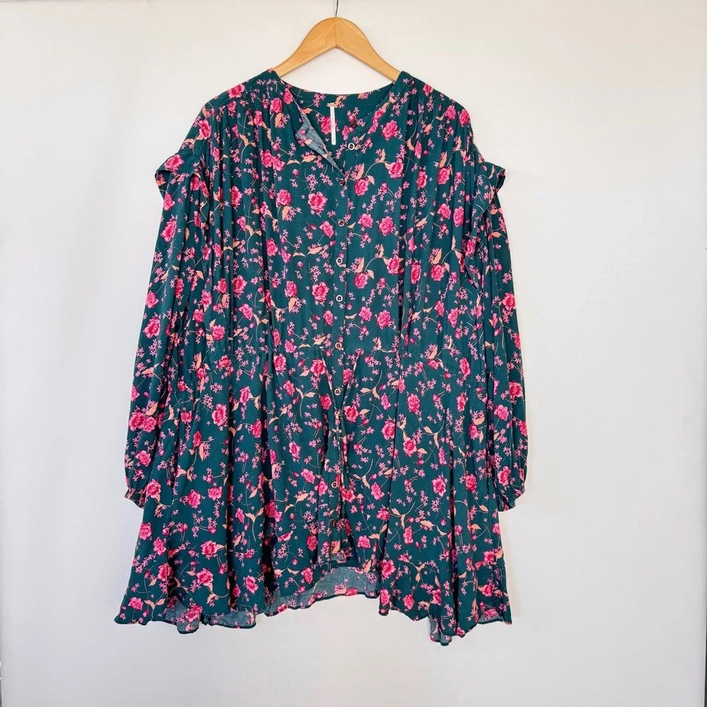 Free People Flower Fields Mini Dress Green Floral Boho Long Sleeve Sz M Flowy
